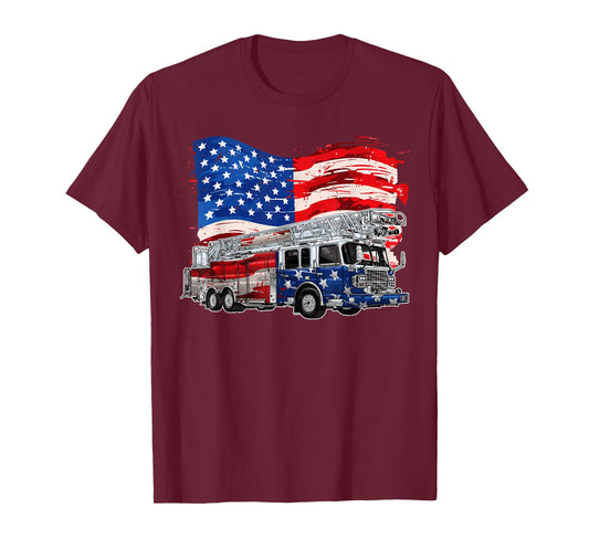 Retro Fire Truck Firefighter Fireman USA Flag 4th of July T-Shirt
