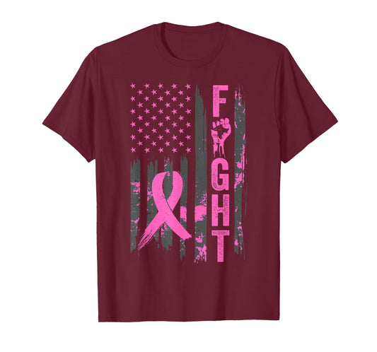 Fight USA Flag Breast Cancer Awareness Patriotic Pink Ribbon T-Shirt