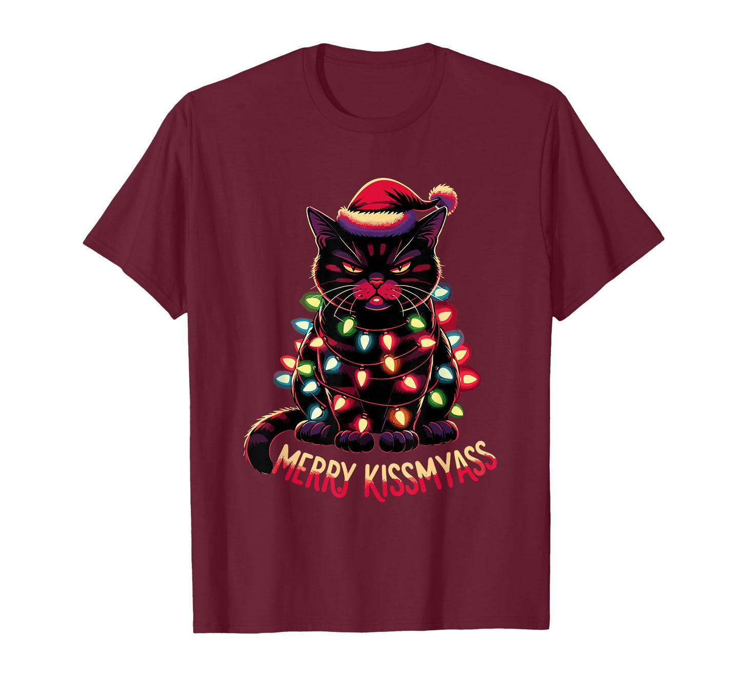 Merry Kissmyass Funny Black Cat Christmas Lights Santa Hat T-Shirt