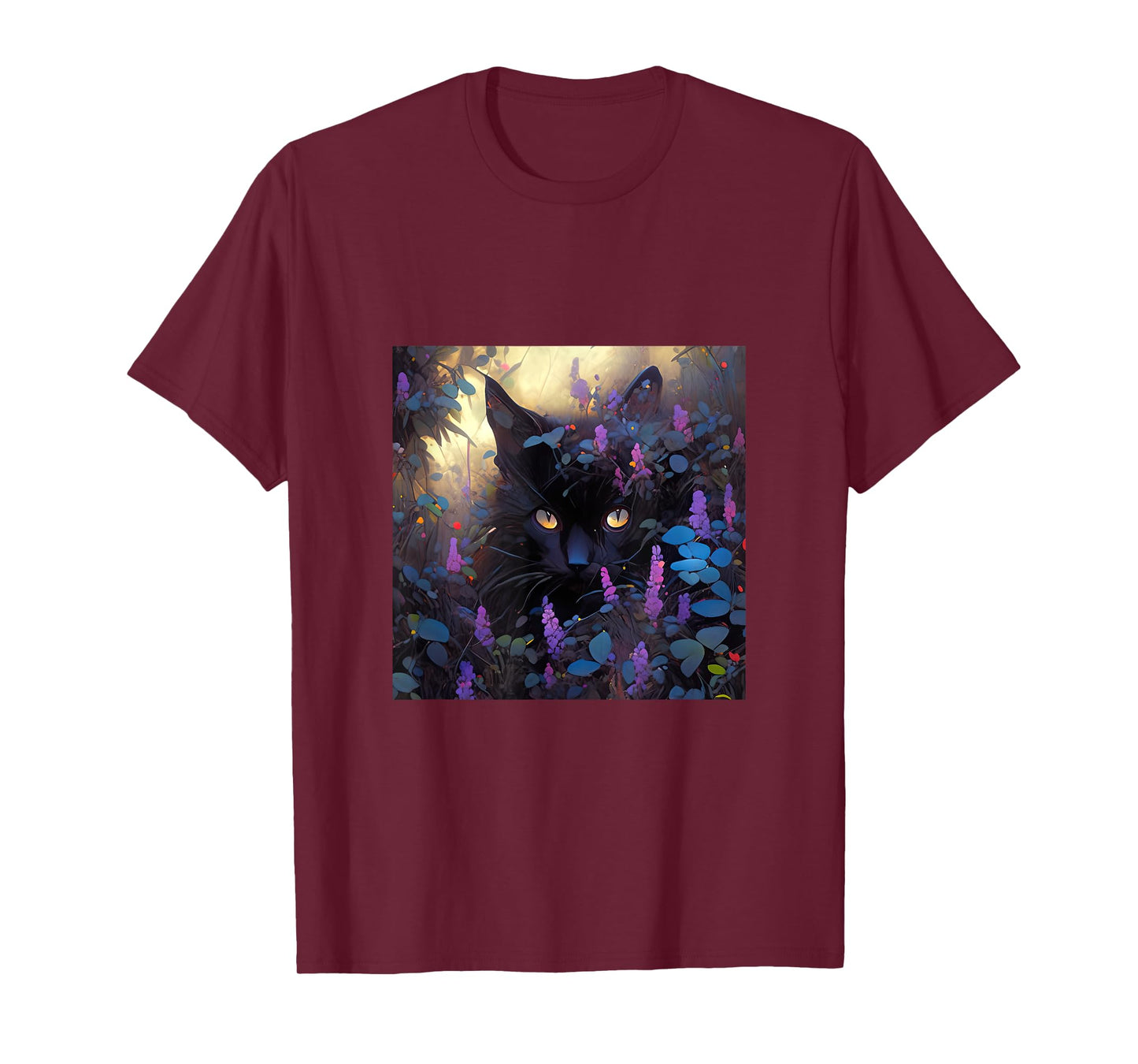 Black Adorable Cat Purple Spring Flowers T-Shirt for Men Women