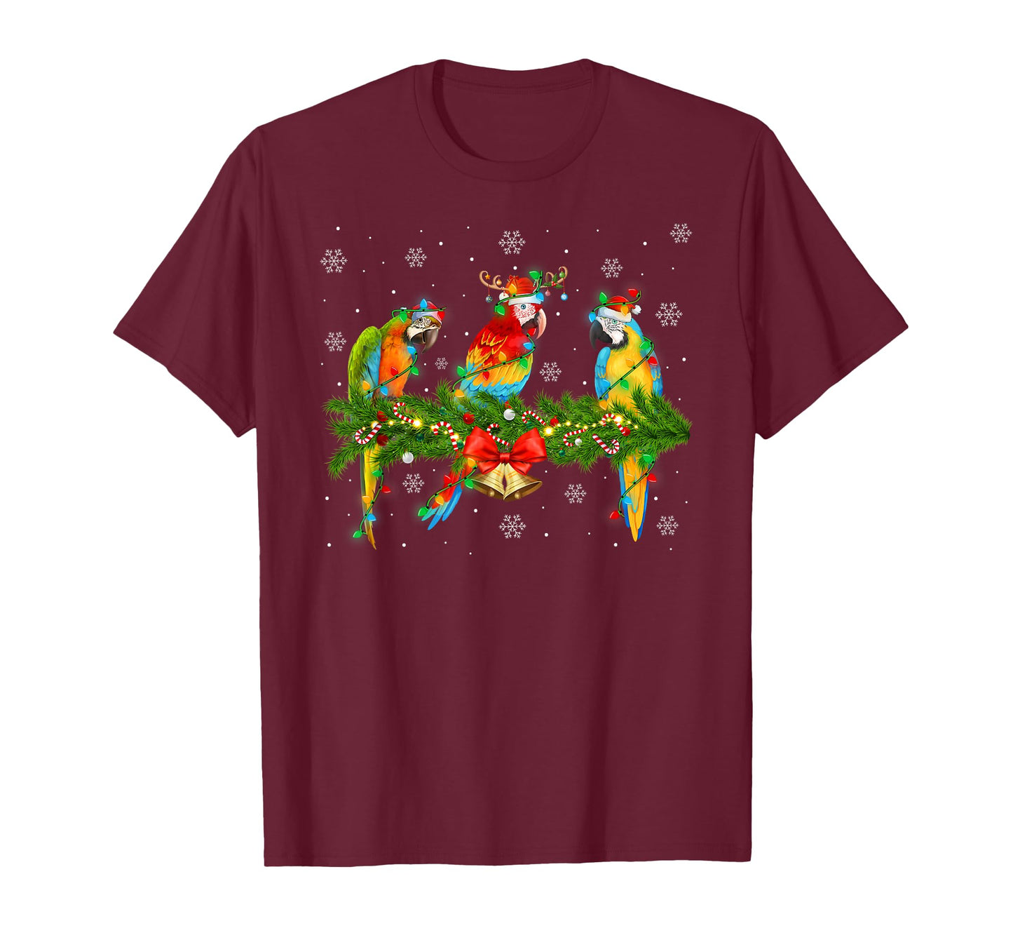 Colorful Macaw Parrots Christmas Lights Tropical Bird Xmas T-Shirt