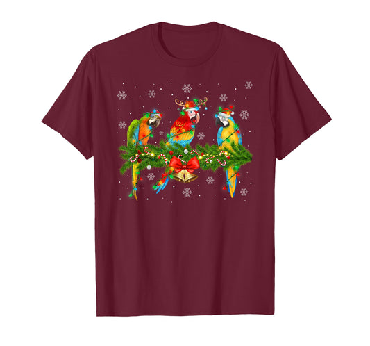 Colorful Macaw Parrots Christmas Lights Tropical Bird Xmas T-Shirt