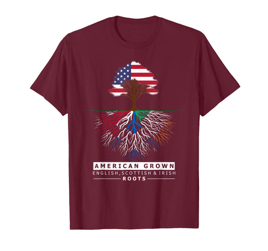 English Scottish Irish Roots - American Grown with Flag T-Shirt