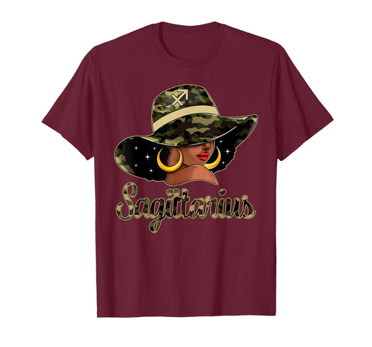 Sagittarius Queen Black Woman Hat Camo Afro Woman Zodiac T-Shirt