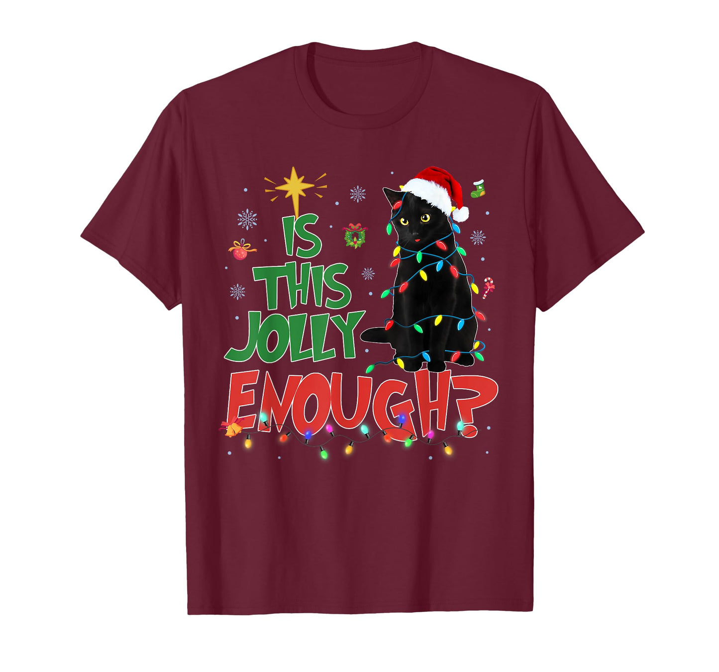 Is This Jolly Enough Black Cat Merry Christmas Tree Lights T-Shirt