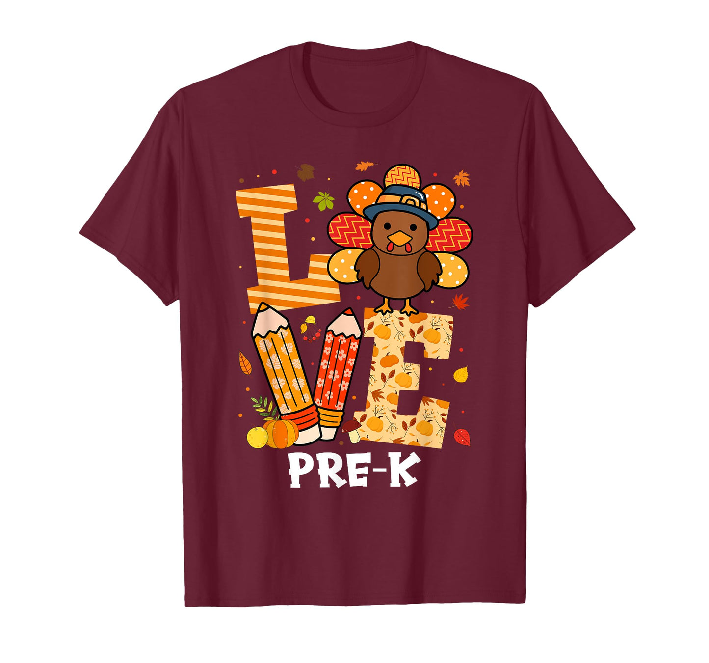 Thanksgiving Love Pre-K Teacher Turkey Autumn Fall T-Shirt for Men Women Girls Kids