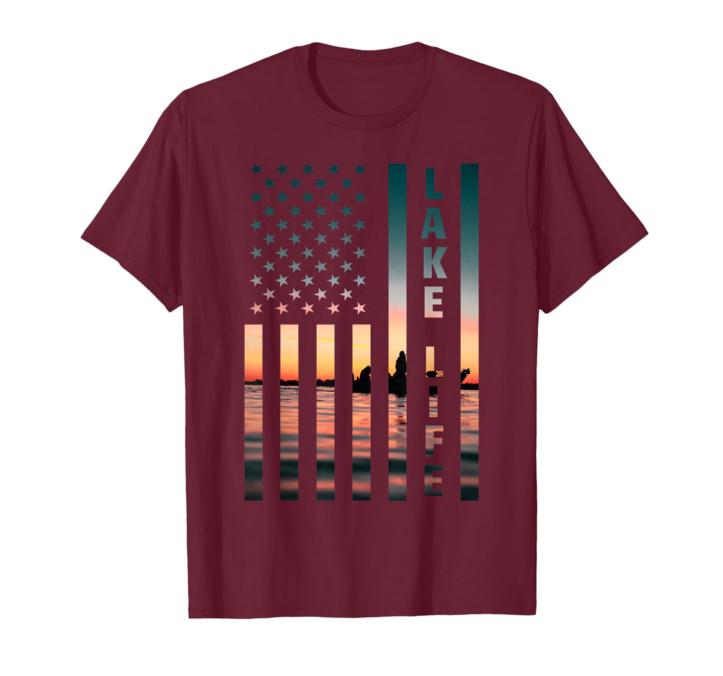 Lake Life Fisherman Sunset American Flag Bass Fishing Boat T-Shirt