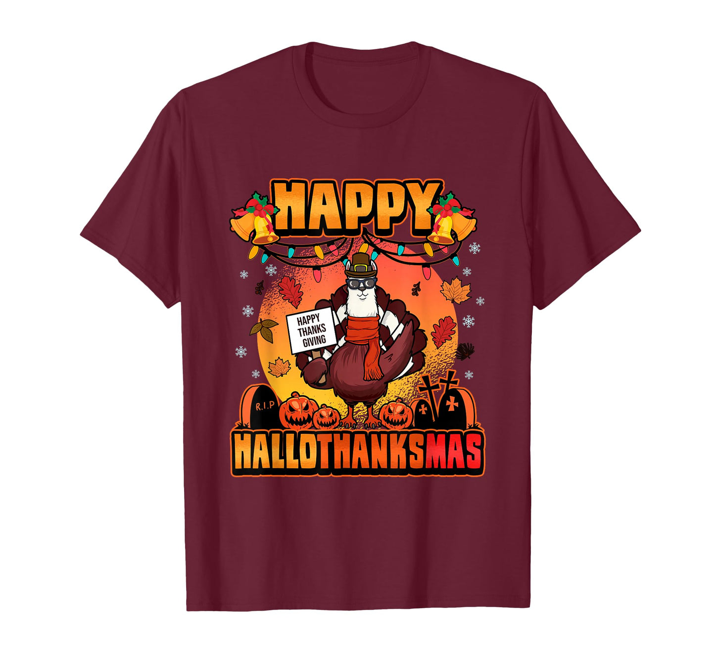 Halloween Christmas Happy Hallothanksmas Llama Turkey T-Shirt
