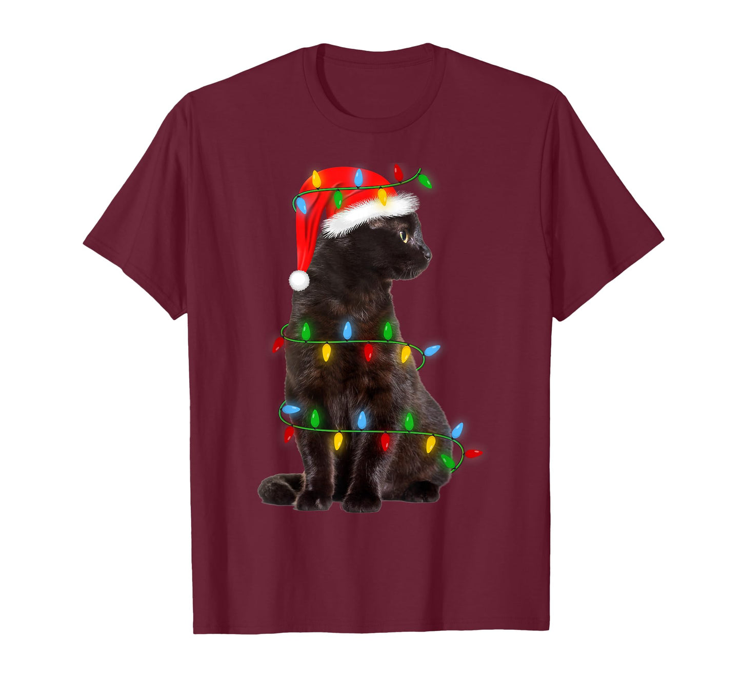 Black-Cat Christmas Tree Lights Funny Santa Kitten Led Light T-Shirt