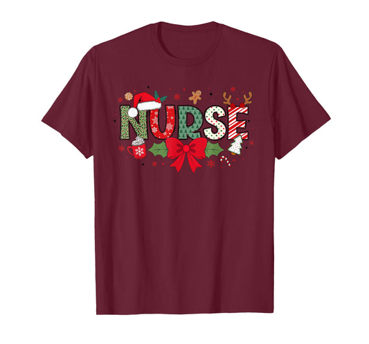 Christmas Nurse Coquette Bow Nurse Claus Christmas Tree Cake T-Shirt