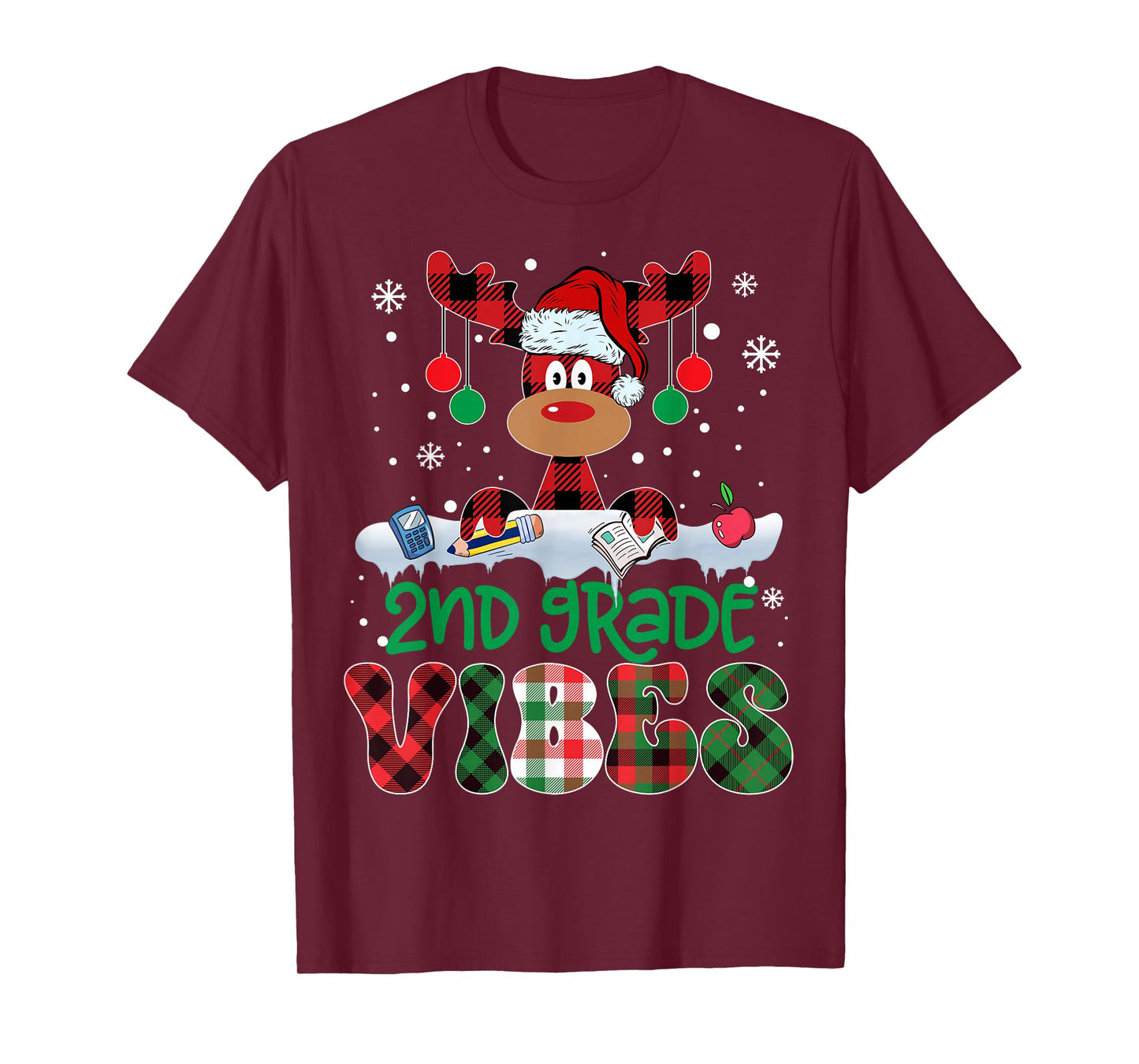 2nd Grade Vibes Teacher Buffalo Red Plaid Reindeer Christmas T-Shirt
