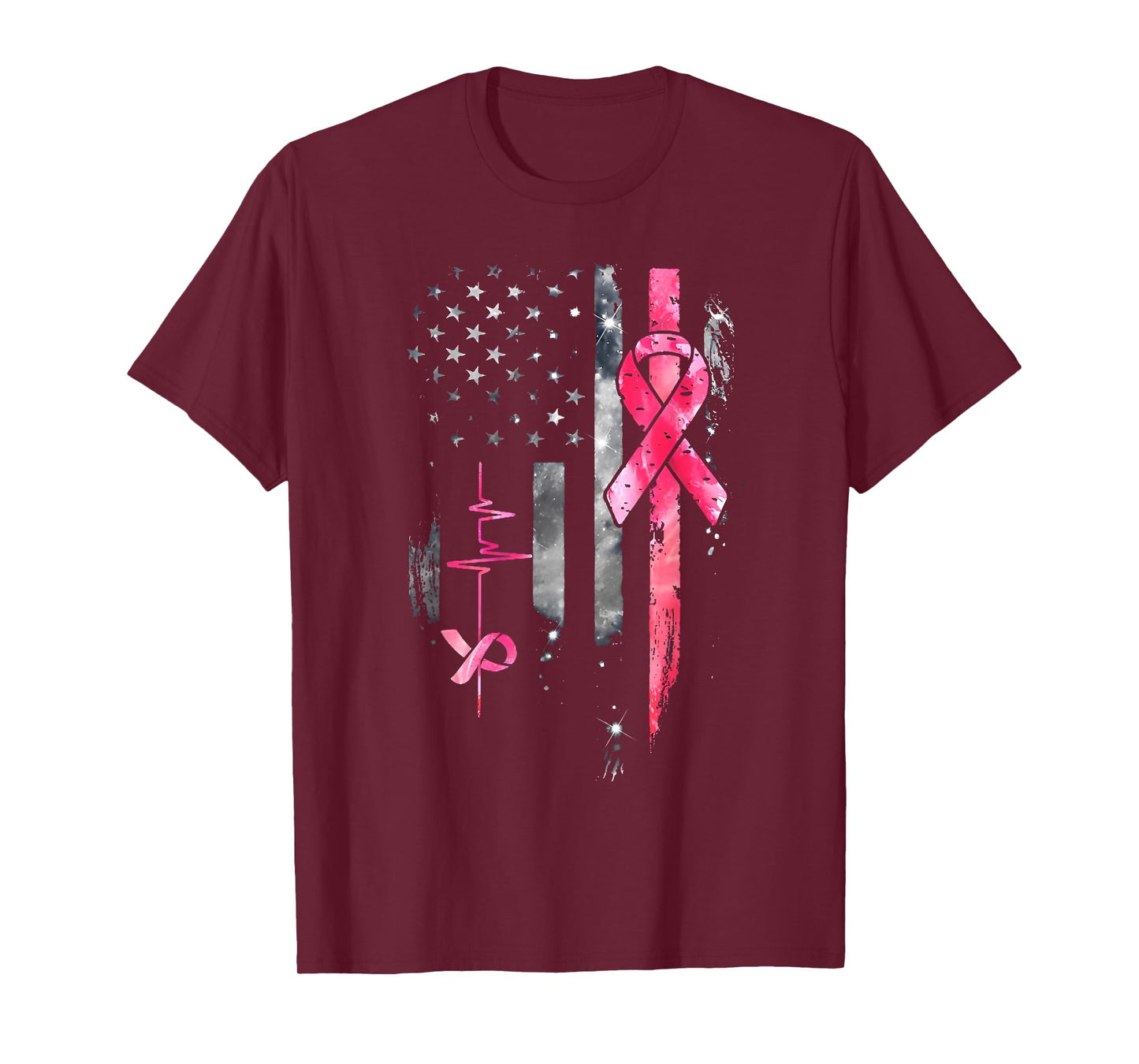 American Flag Pink Ribbon Breast Cancer Awareness Support T-Shirt