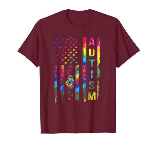 American Flag Autism Awareness Teacher Mom Support Tie Dye T-Shirt for Women Men