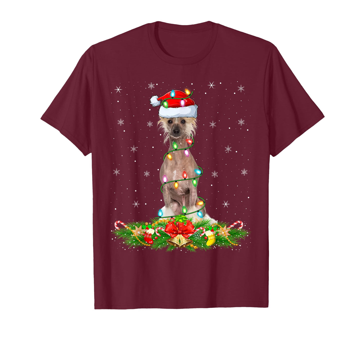 Chinese Crested Dog Christmas Lights Funny Santa Hat Xmas T-Shirt