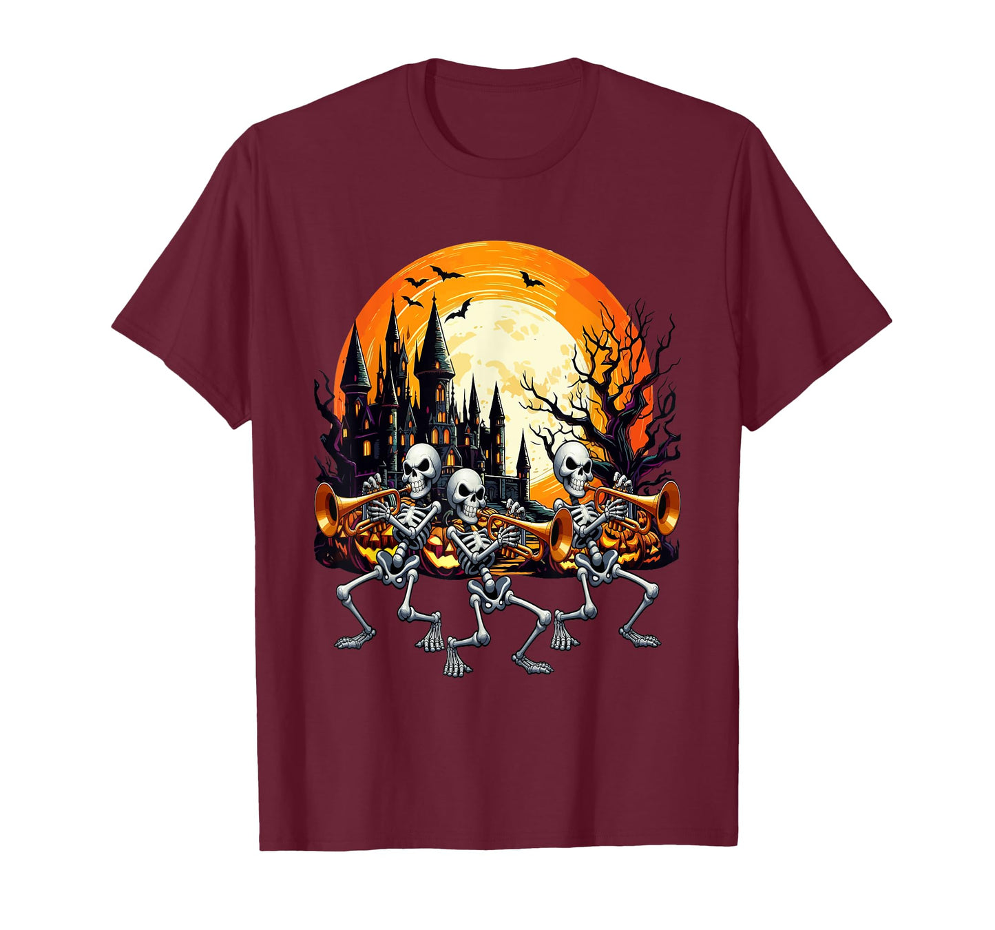 Three Funny Skeletons Playing Trumpet Halloween Instrument T-Shirt