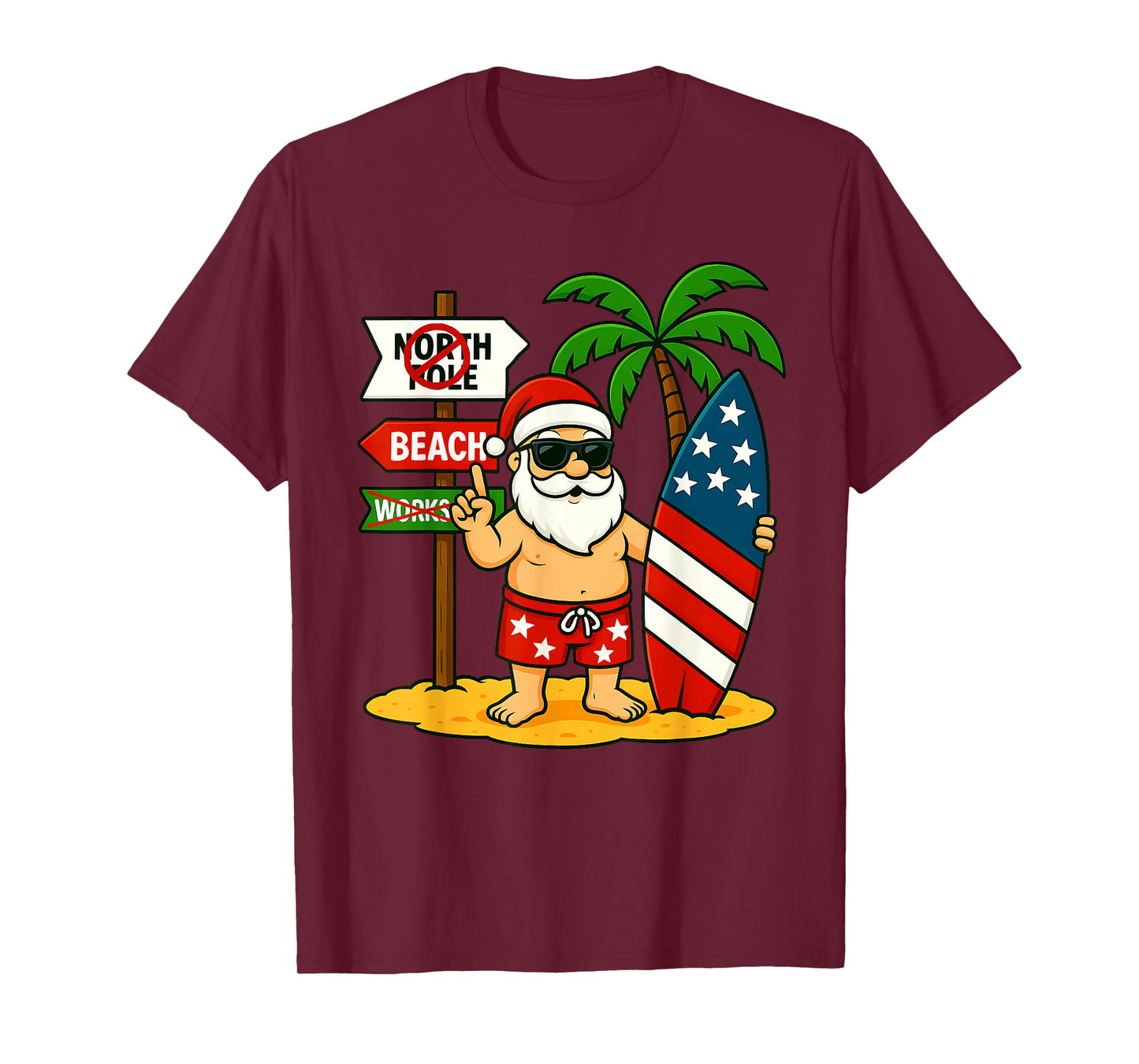 Christmas In July Santa & Surfboard USA Flag 4th Of July T-Shirt