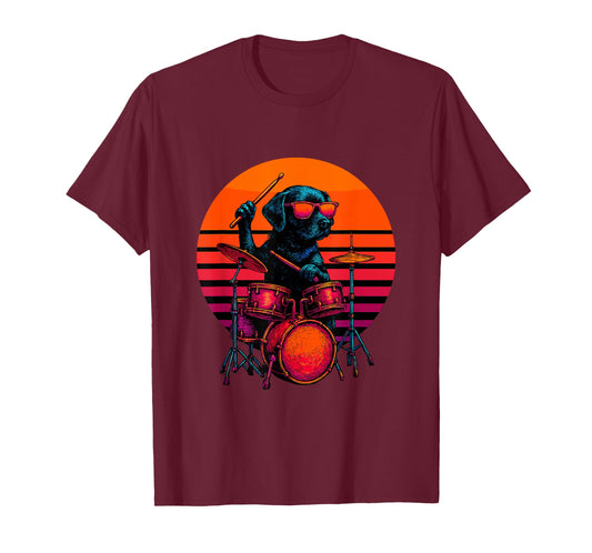 Retro Dog with Drum Set Music Playing Drummer T-Shirt