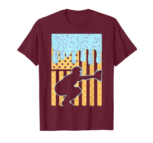 Ice Cream Baseball Drip Boys Catcher American Flag 4th July T-Shirt