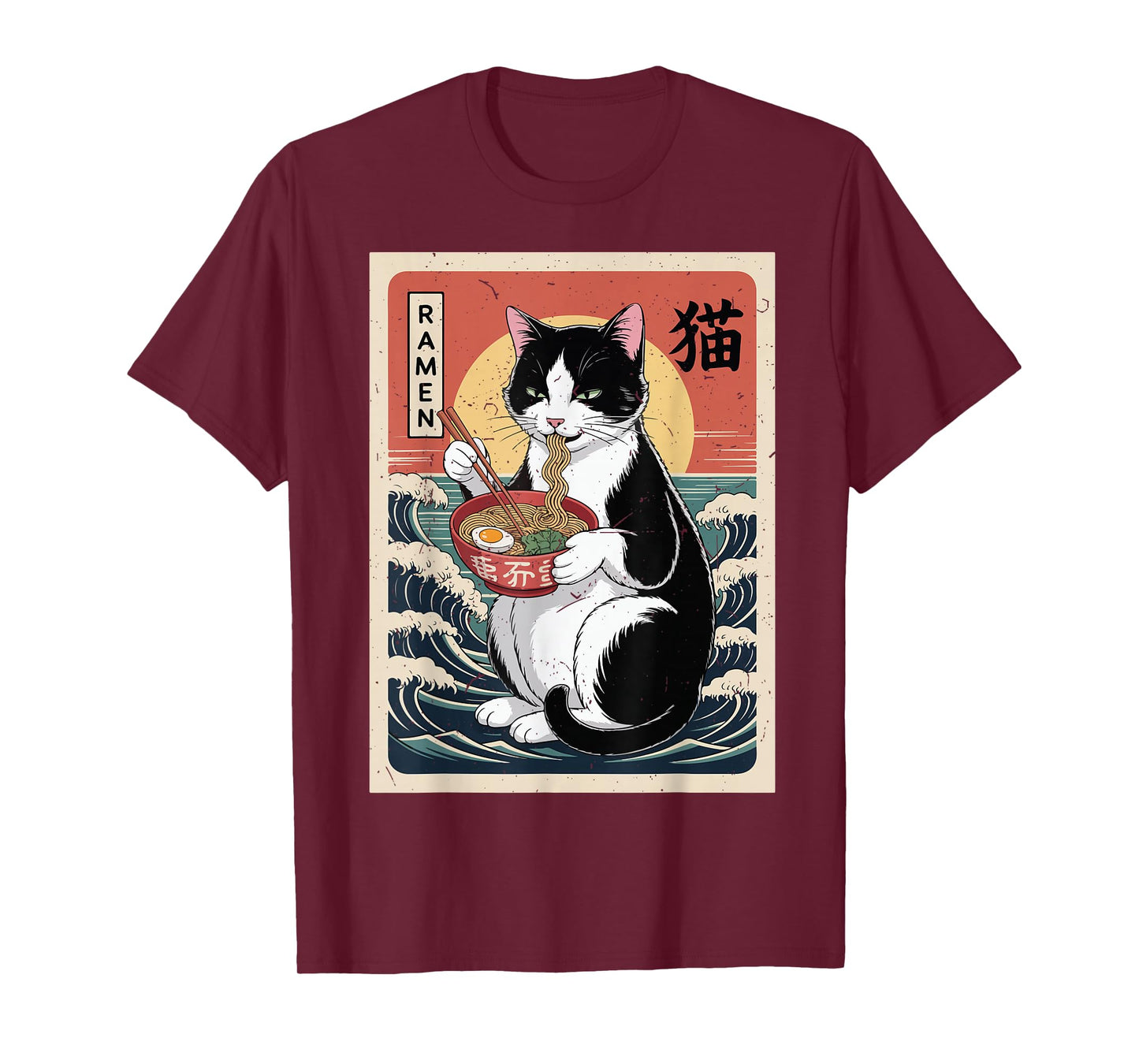 Funny Fat Tuxedo Cat Eating Ramen Kawaii Japanese Mom Dad T-Shirt