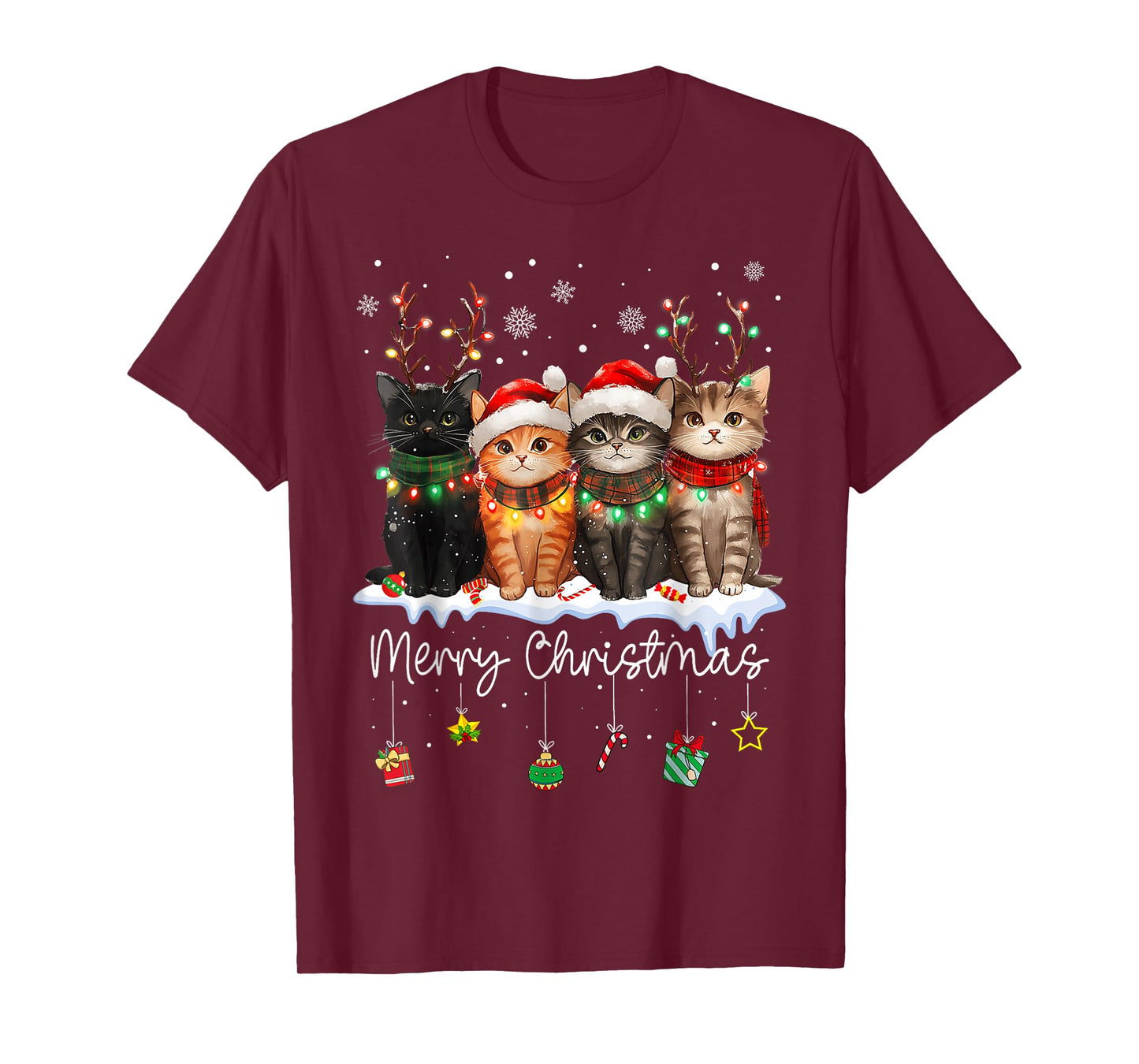 Cat Merry Christmas Light Reindeer Santa Christmas Cat Lover T-Shirt