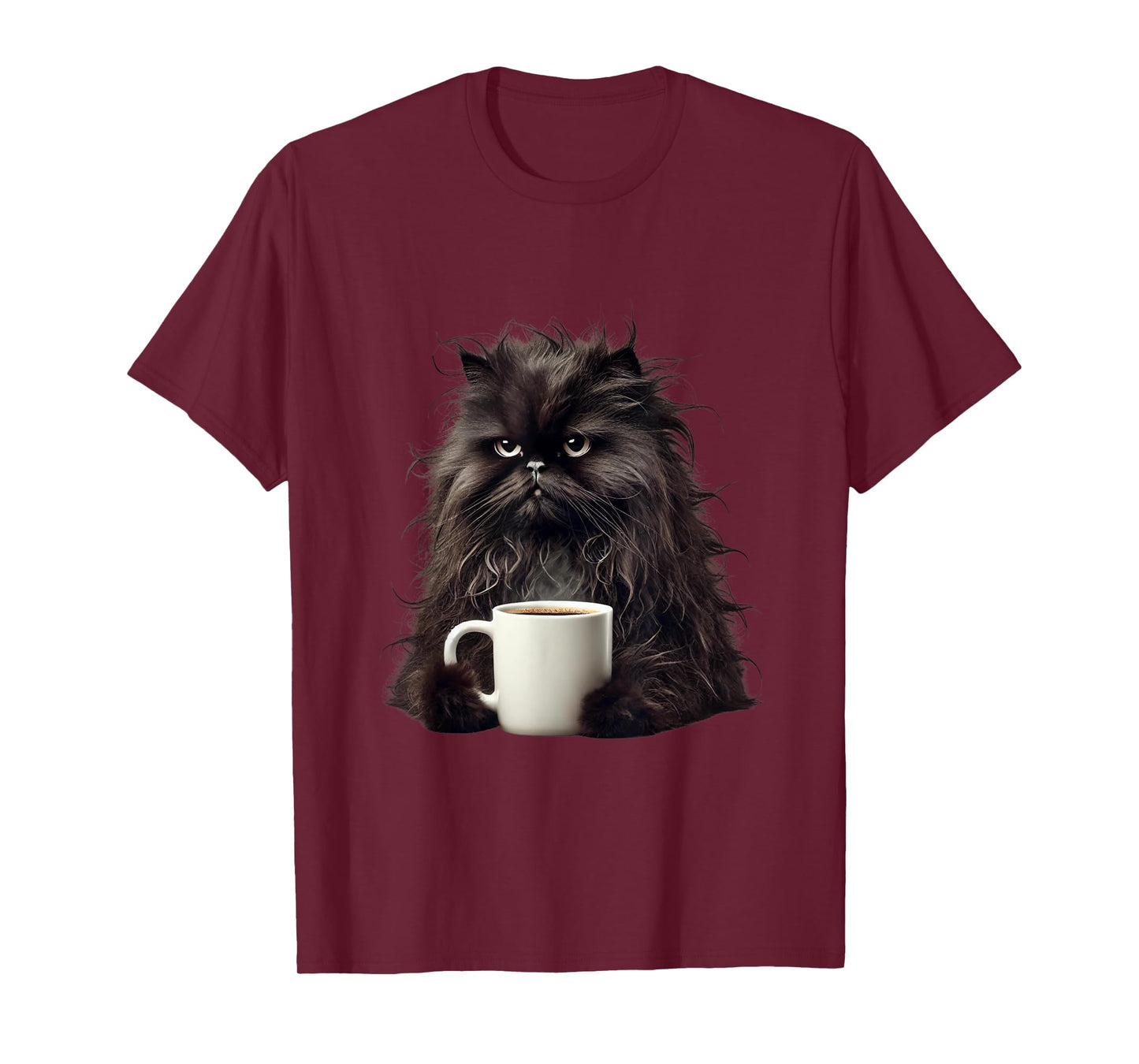 Fluffy Black Cat with Coffee Mug - Funny Cute Design Cat Mom T-Shirt