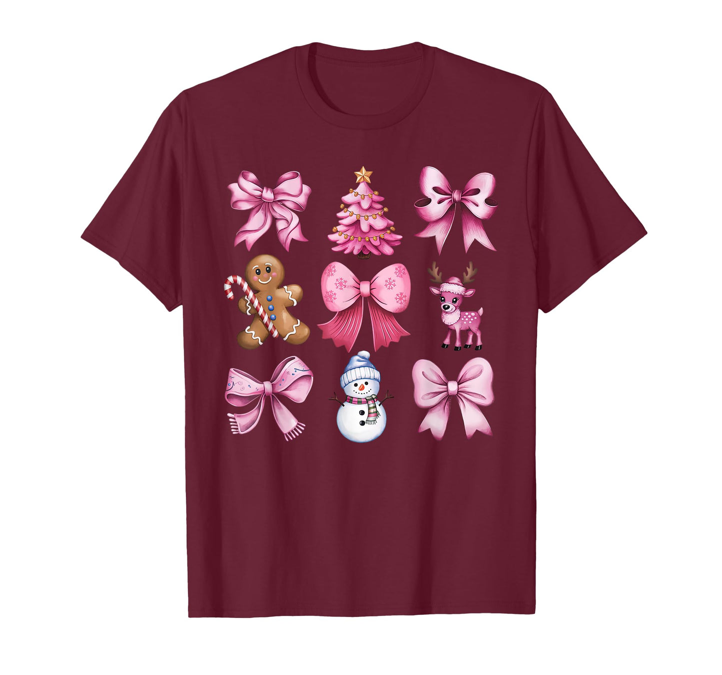 Cute Preppy Pink Christmas Tree Gingerbread Man Snowman Bow T-Shirt