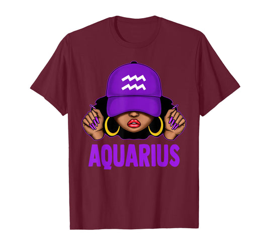 Aquarius Queen Black Woman Purple Cap It's My Birthday T-Shirt
