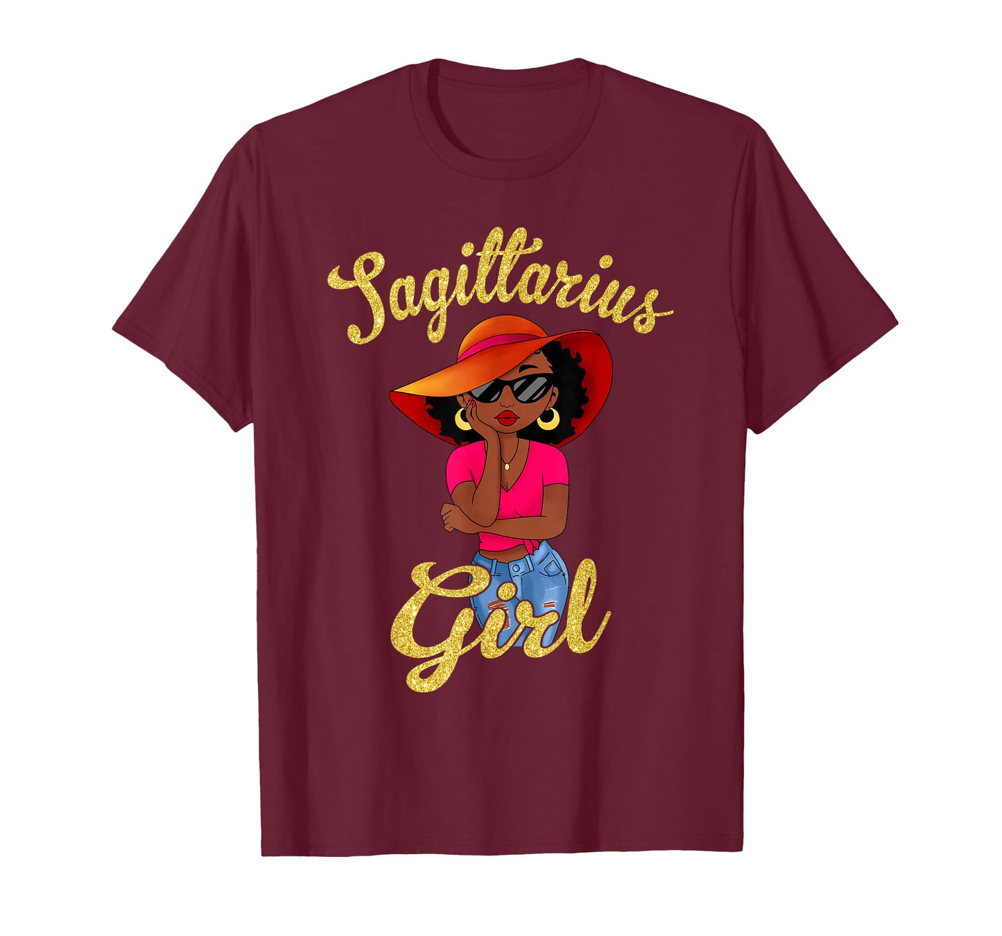 Sagittarius Black Girl Sun Hat Glasses Zodiac Birthday Women T-Shirt