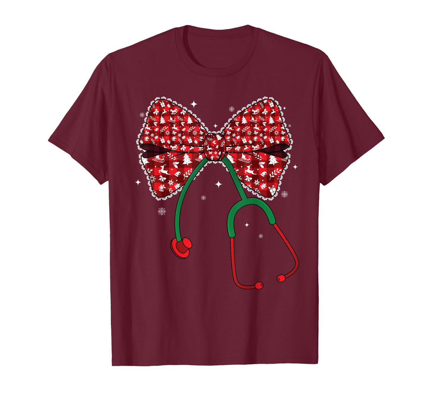 Christmas Nurse Plaid Coquette Bow Nursing Stethoscope Xmas T-Shirt