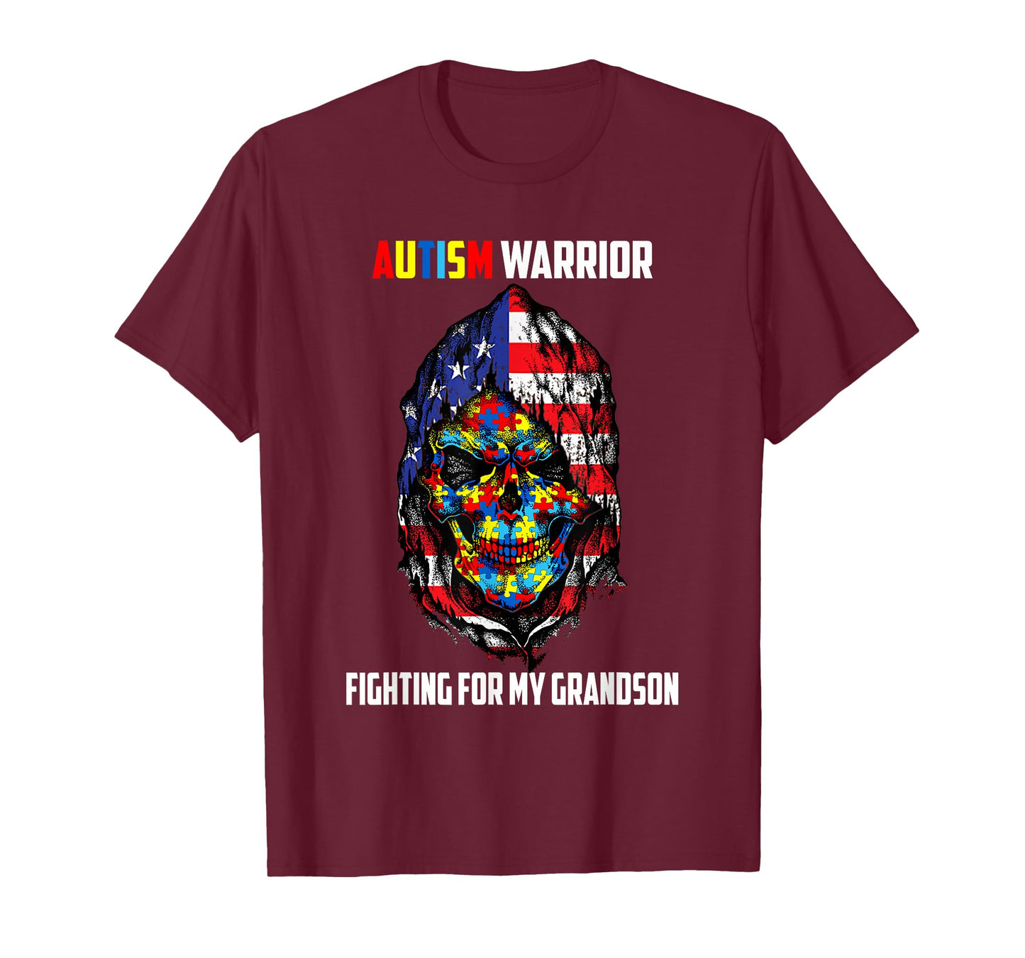 Autism Warrior Fighting For My Grandson Skull American Flag Women Men T-Shirt