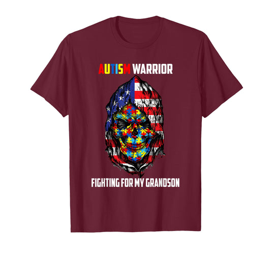 Autism Warrior Fighting For My Grandson Skull American Flag Women Men T-Shirt