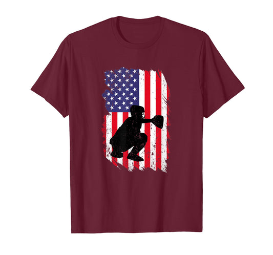 Baseball Catchers Gear Sports American Flag T-Shirt for Women Kids Men