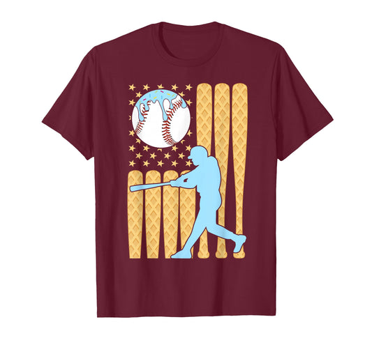Baseball Drip Boys Batter Ice Cream American Flag T-Shirt