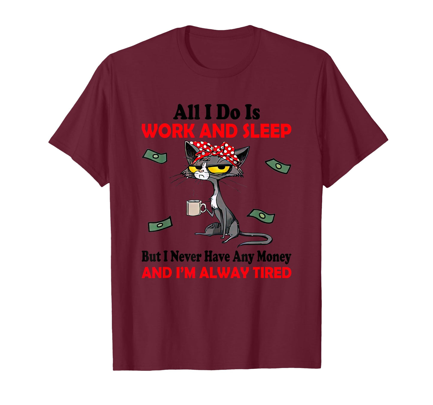 Black Cat All I Do Is Work & Sleep I Never Have Any Money T-Shirt