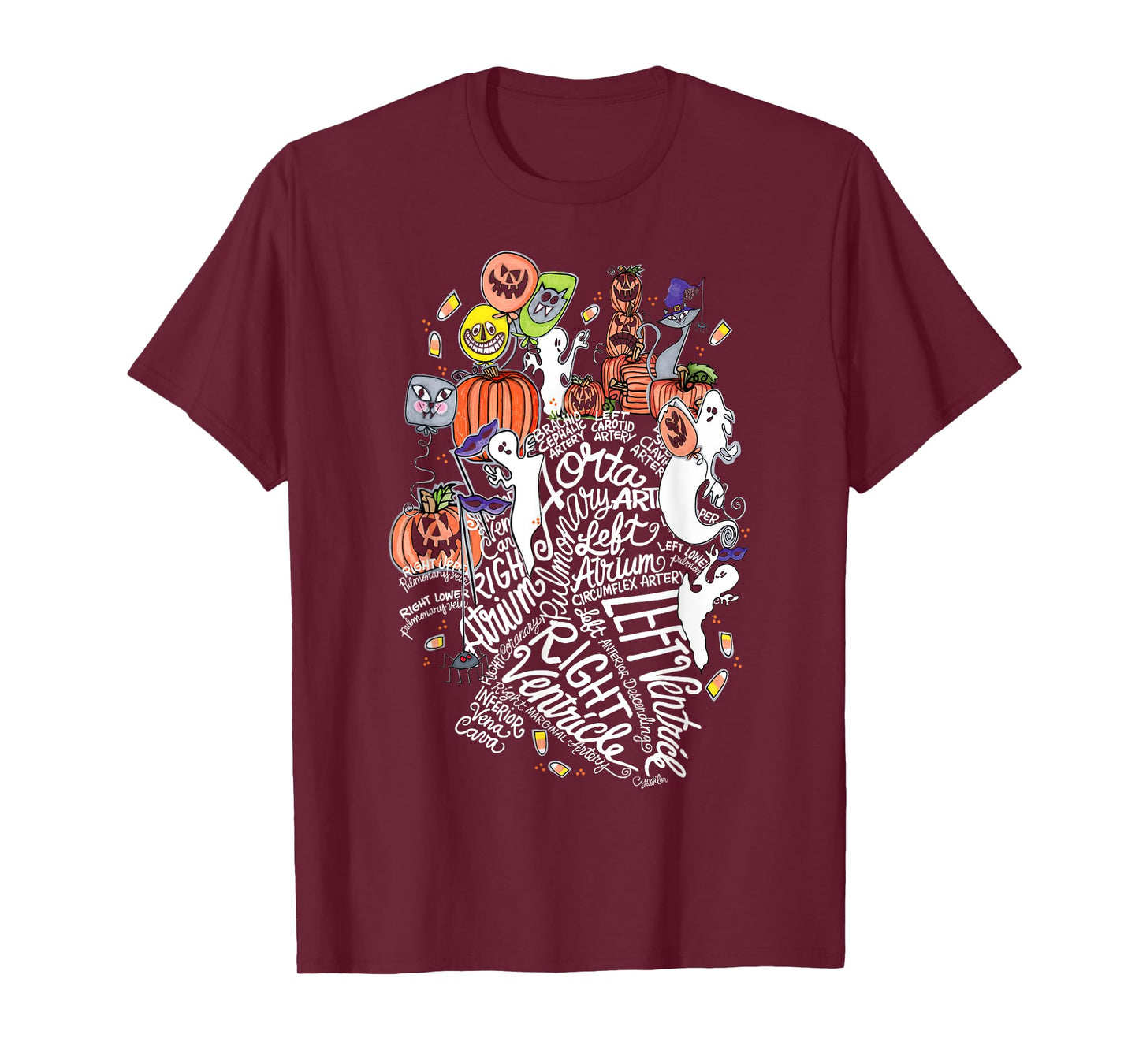 Anatomical Heart Halloween Medical White Word Cloud Line Art T-Shirt
