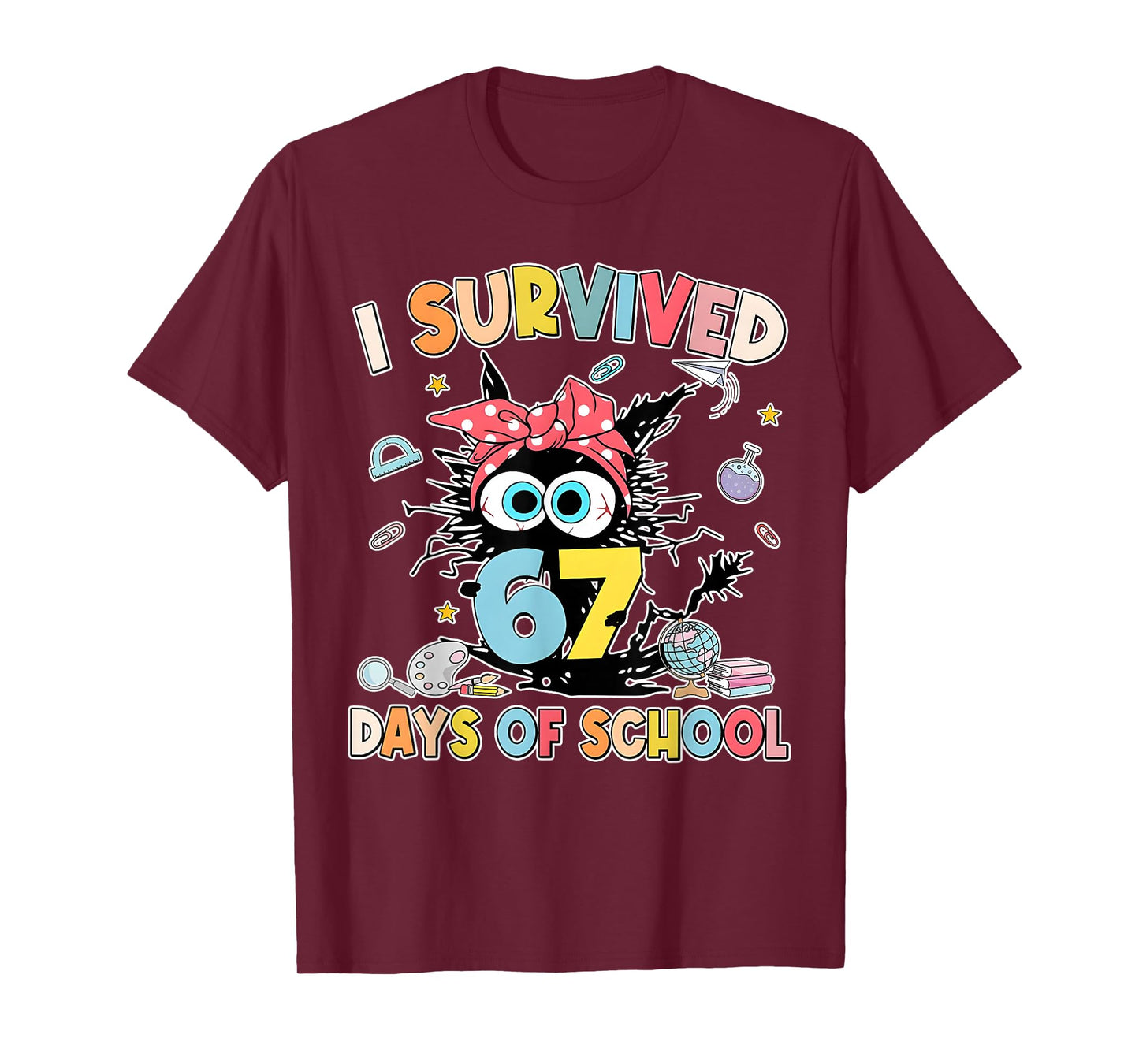 6 7 Meme Kids I Survived 67 Days of School Funny Black Cat T-Shirt