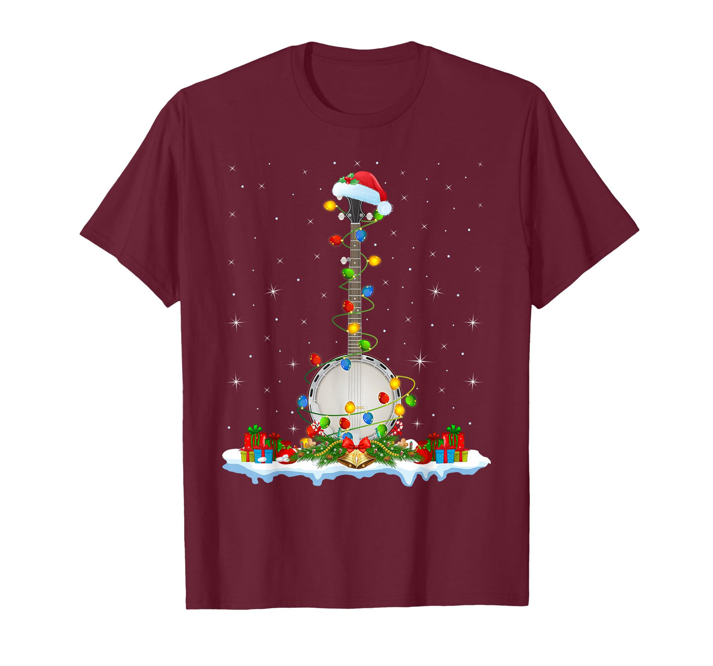 Banjo Christmas Lights Santa Hat Music Banjo Player Xmas T-Shirt