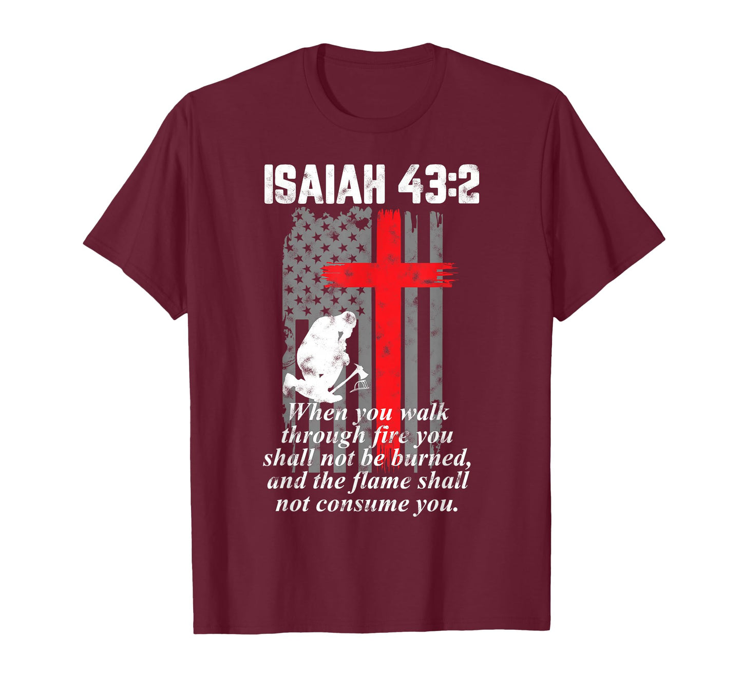 Thin Red Line Firefighter Cross Bible Verse American Flag T-Shirt Small
