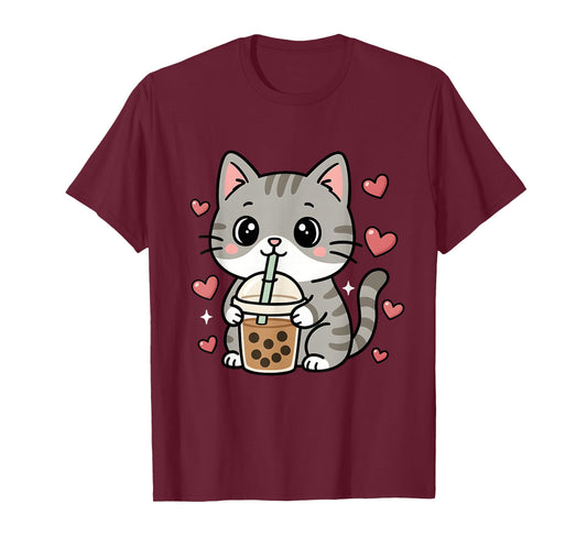 Cute Grey Cat Boba Tea Bubble Tea Anime Kawaii Neko Women T-Shirt