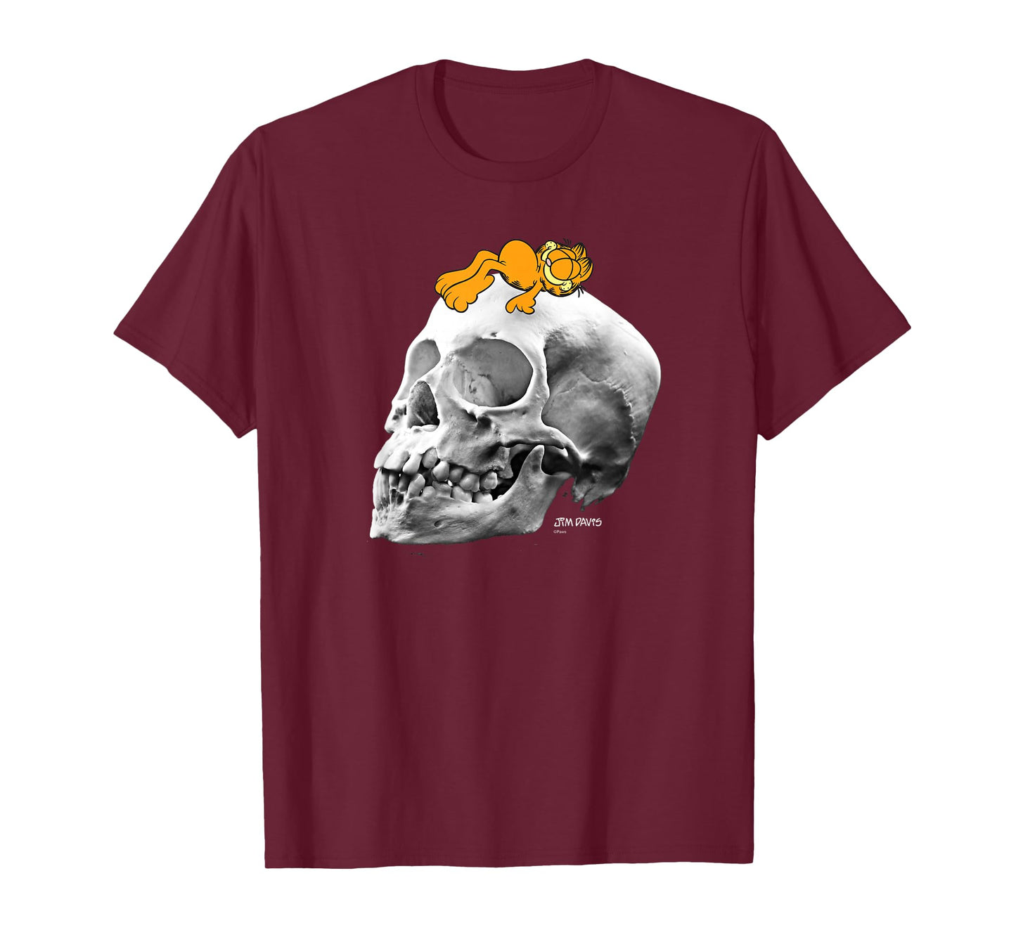 Garfield Lounging on Skull Spooky Cartoon Cat T-Shirt