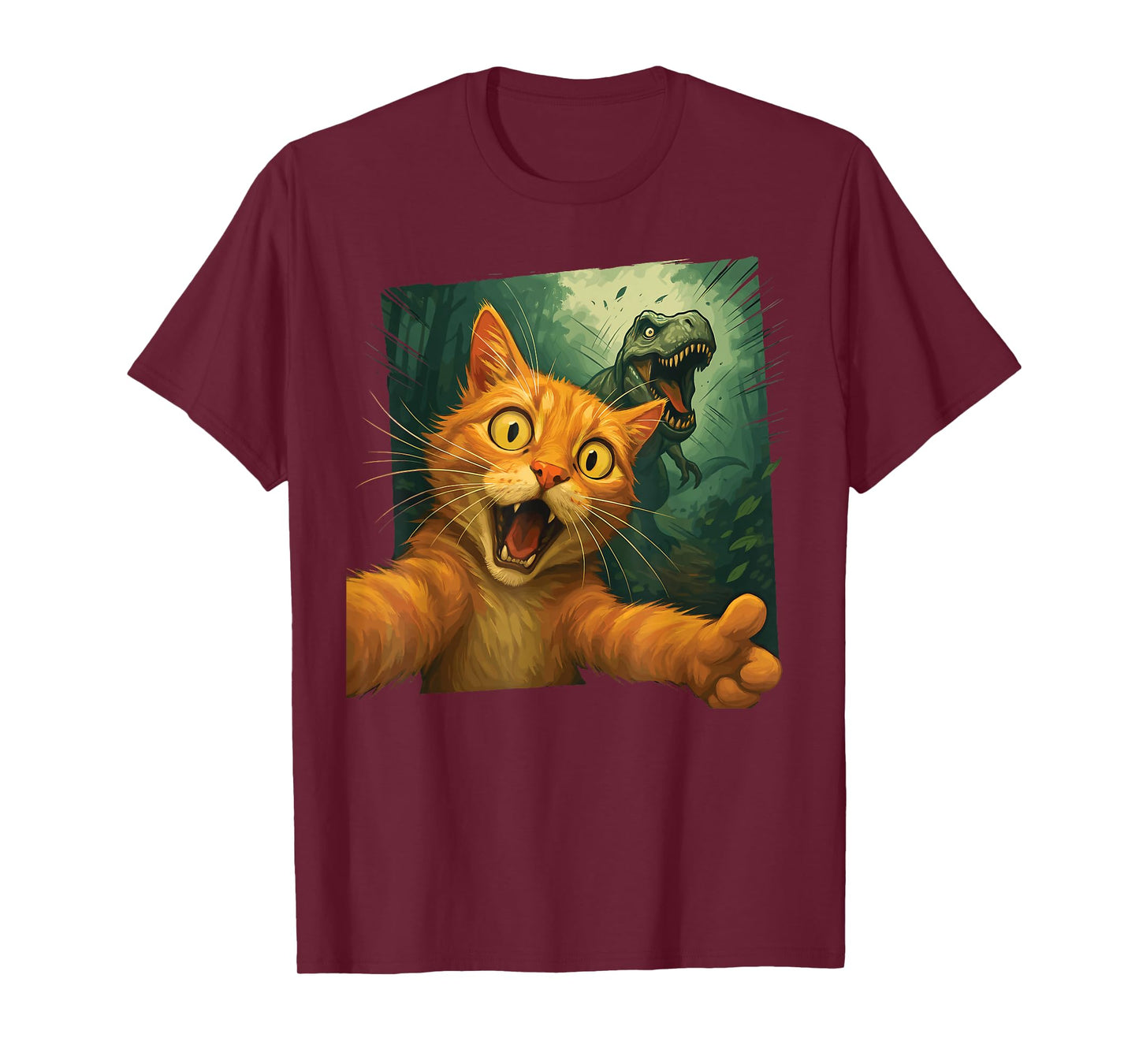 Cat Selfie T-Rex Chase Funny Dinosaur Meme Graphic Art T-Shirt