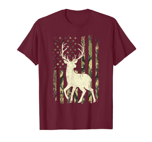 Camouflage Buck Deer - USA American Flag Forest Animal Lover T-Shirt