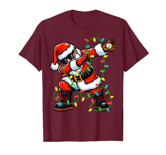 Dabbing Santa Baseball Christmas Lights Xmas Baseball Player T-Shirt
