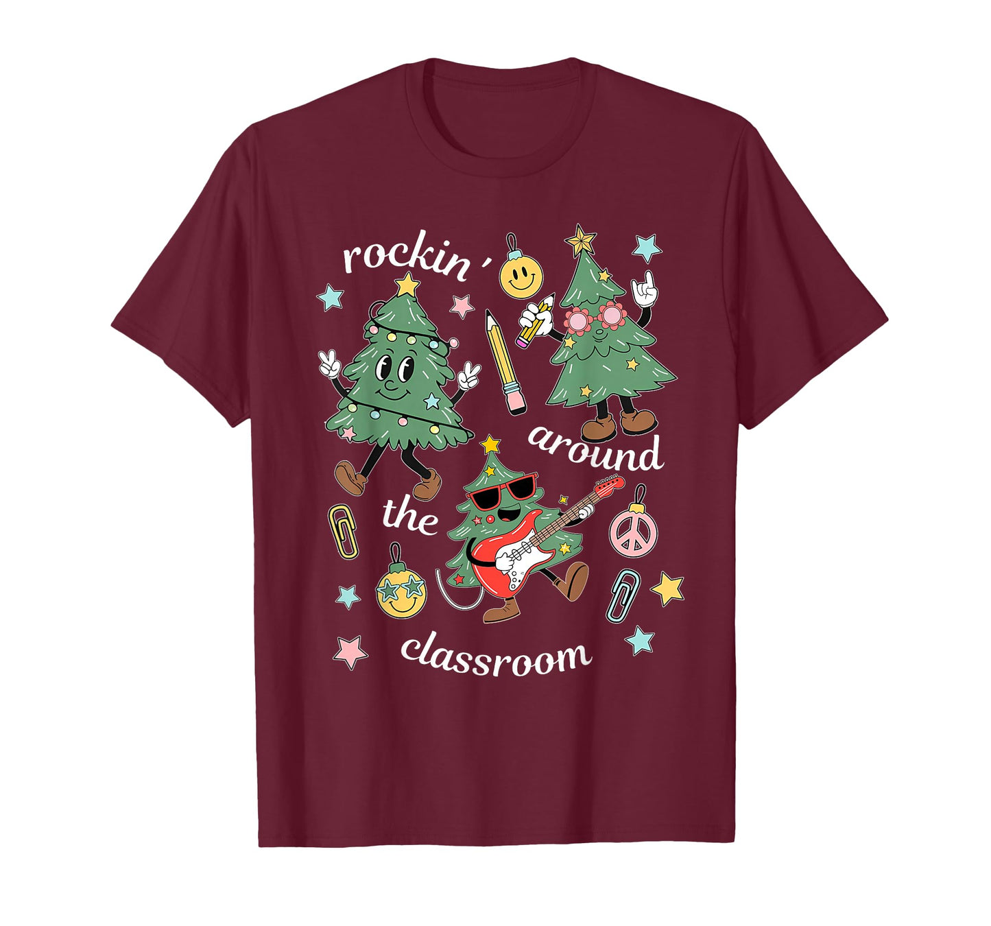 Rockin' Around The Classroom Christmas Teacher Retro Groovy T-Shirt