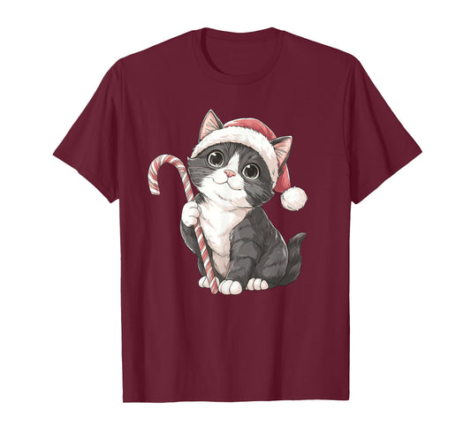 Cute Cat Santa Hat Candy Cane Merry Xmas Kitty Christmas T-Shirt