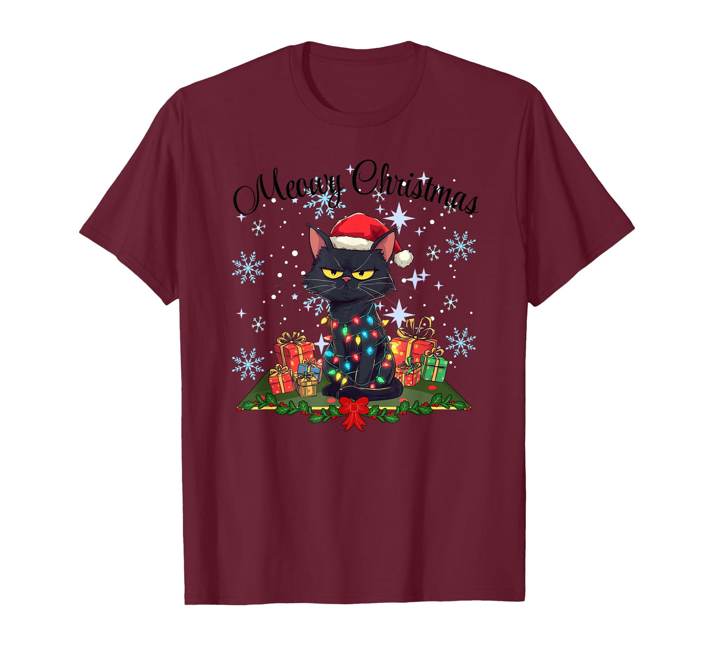 Meowy Christmas Black Cat Santa Hat Wrapped in Lights Fun T-Shirt