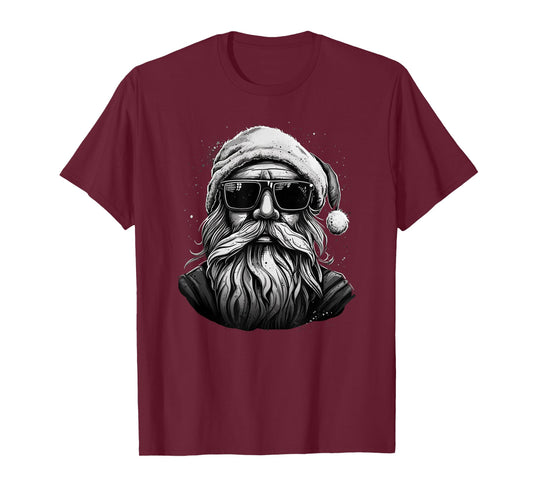 Funny Cool Santa Face Hipster with Beard & Glasses Christmas T-Shirt