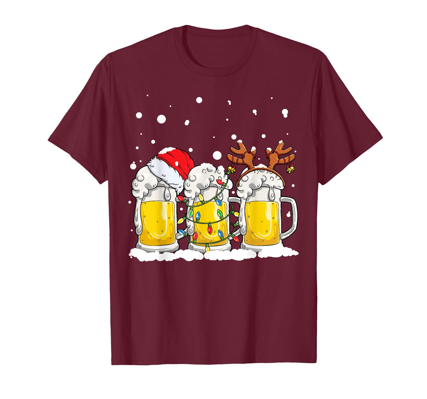 Beer Christmas Mug Santa Reinbeer Xmas Tree Lights Men Women T-Shirt