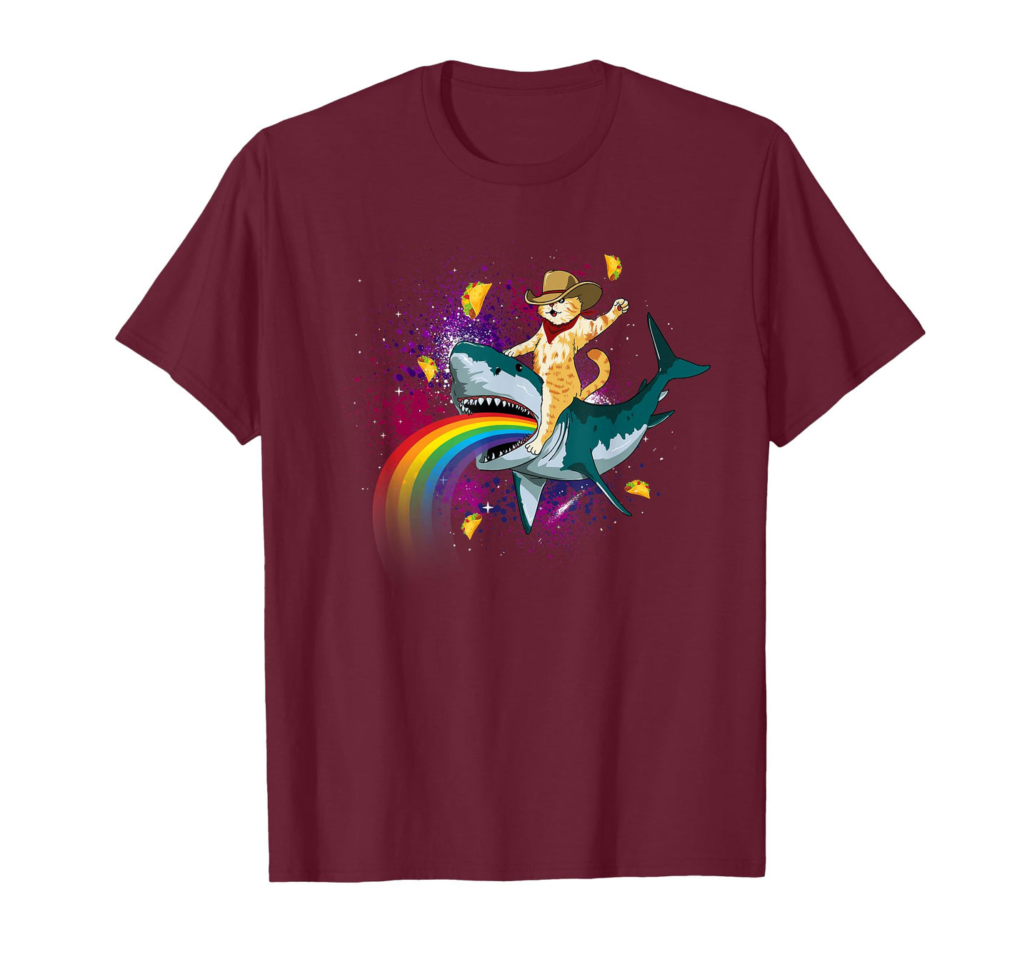Western Cowboy Cat Riding A Shark In Taco Space Rainbow T-Shirt
