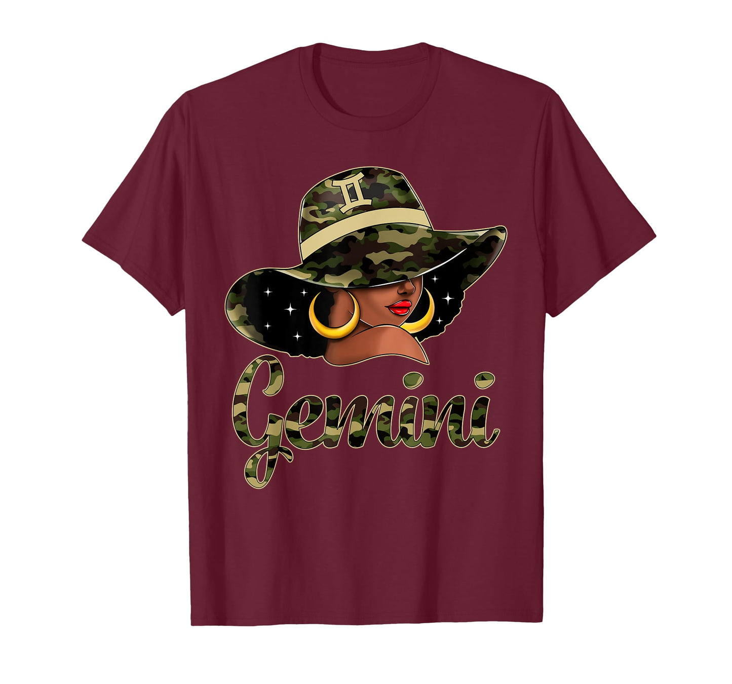 Gemini Queen Black Woman With Hat Camo Afro Woman Zodiac T-Shirt